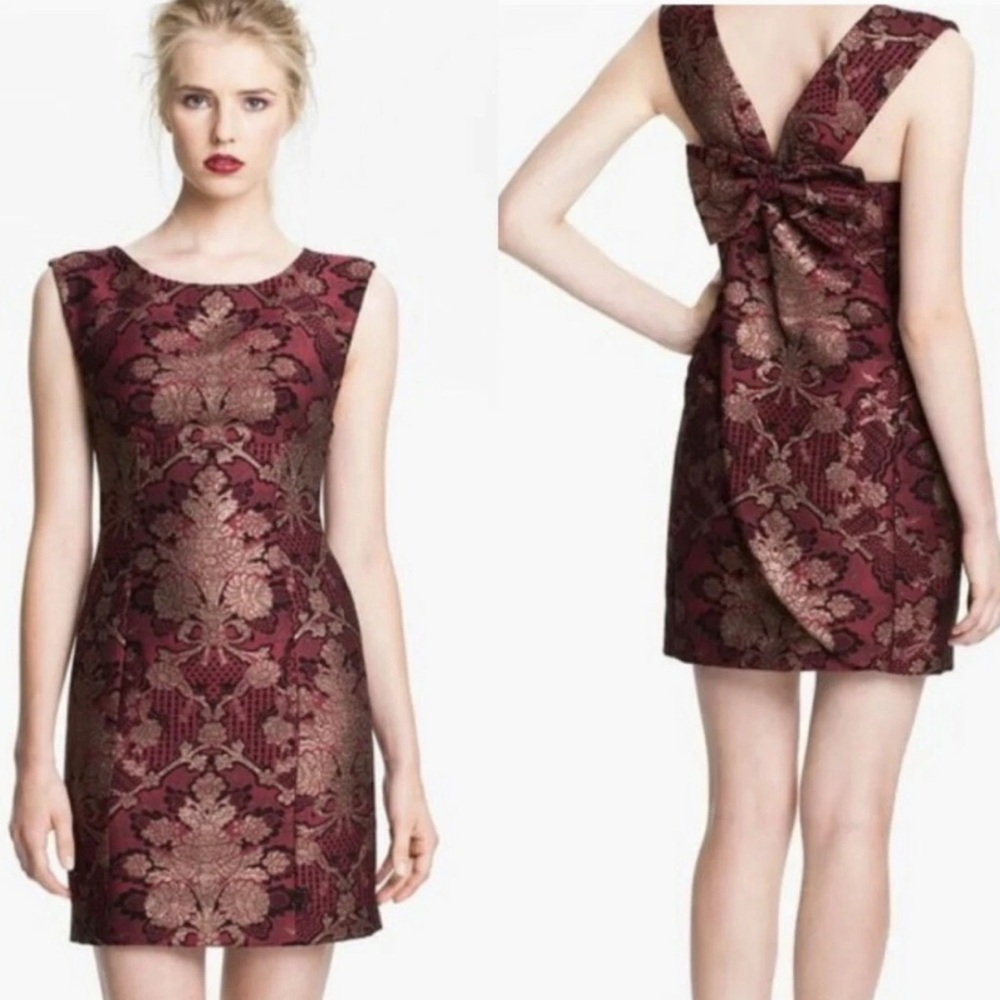 Tracy Reese Charmed By You Metallic Burgundy Brocade Bow Cocktail Dress